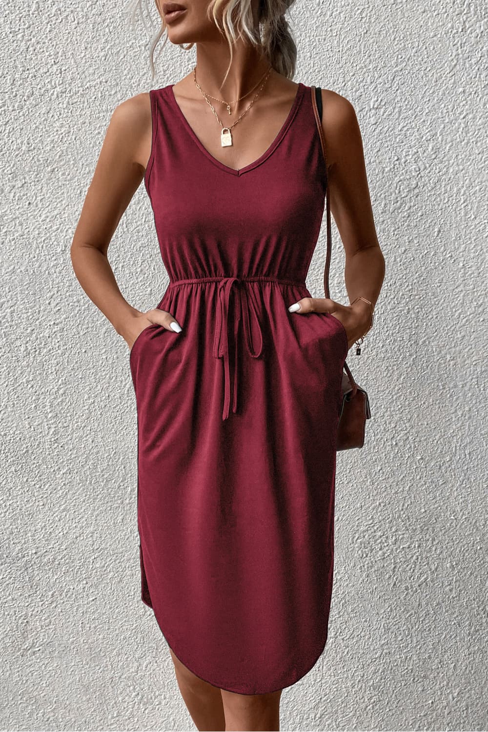 V-Neck Curved Hem Sleeveless Dress