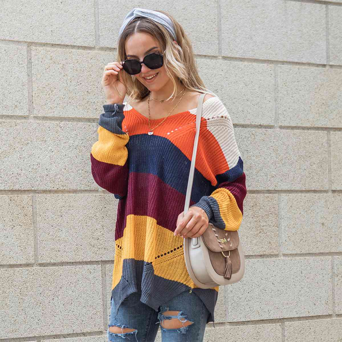 Color Block Openwork Long Sleeve Sweater