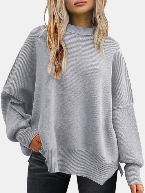 Round Neck Drop Shoulder Slit Sweater