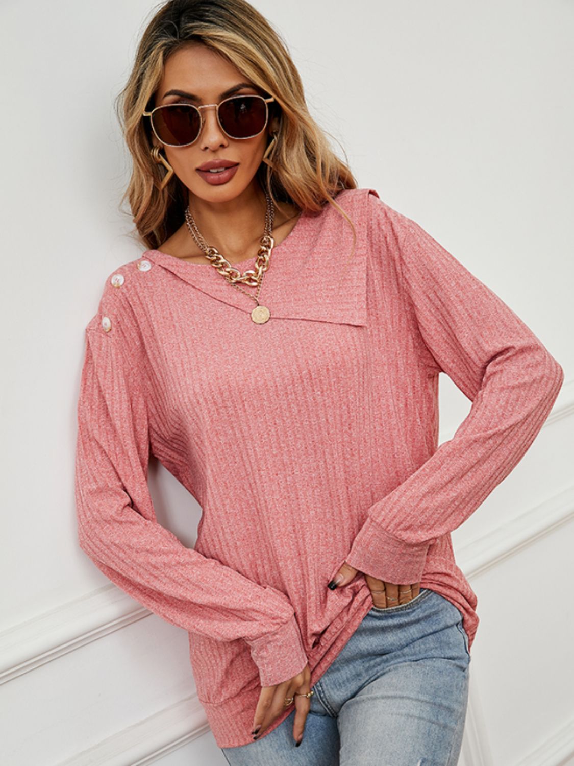 Asymmetrical Round Neck Buttoned Dropped Shoulder Tee