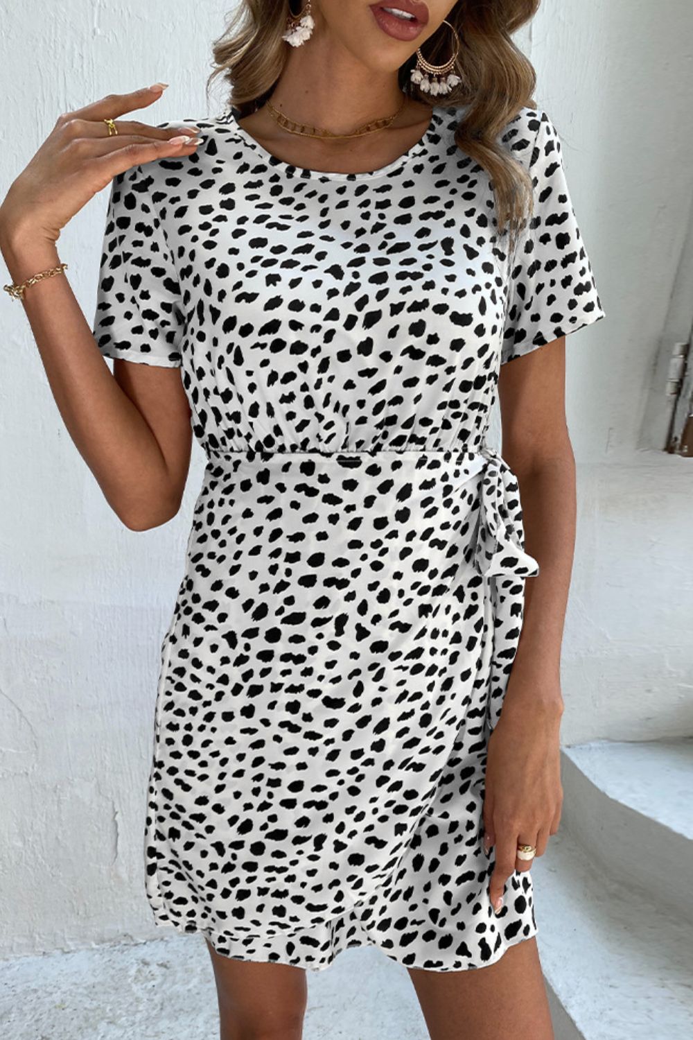 Animal Print Belted Keyhole Round Neck Dress