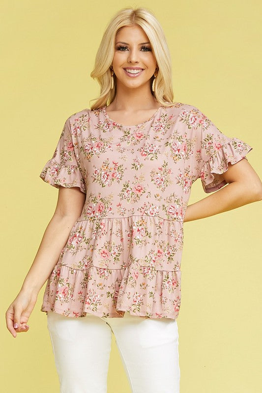 PLUS ROUND NECK RUFFLE SHORT SLEEVE RUFFLE HEM TOP