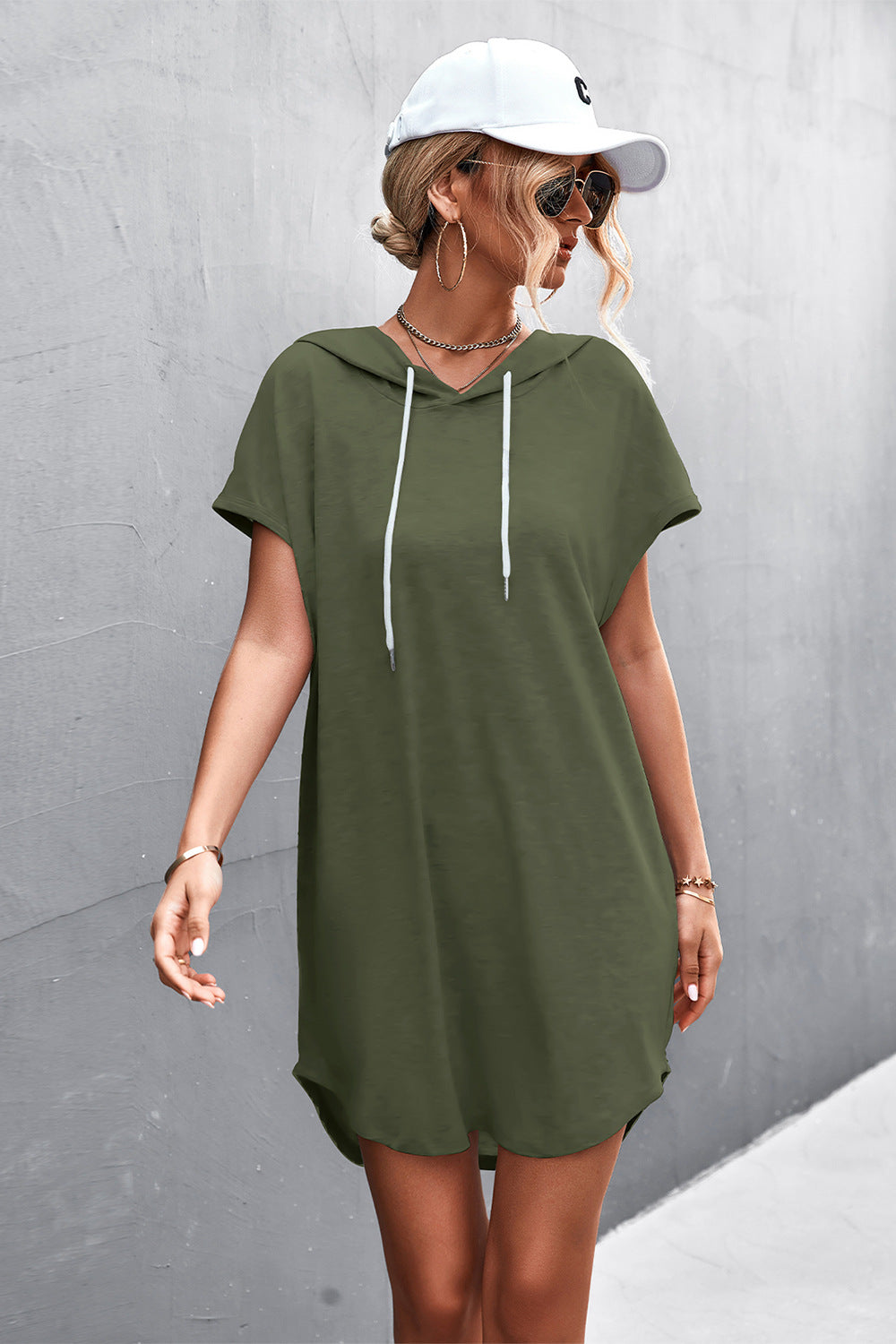 Two-Tone Drawstring Detail Hooded Dress