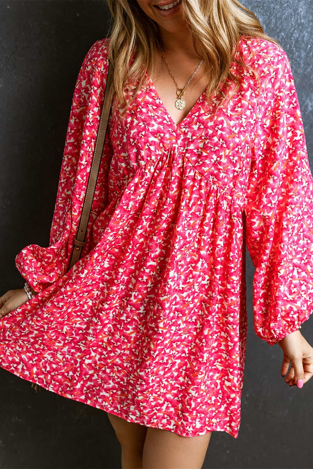 V-Neck Floral Print Long Sleeve Mini Dress