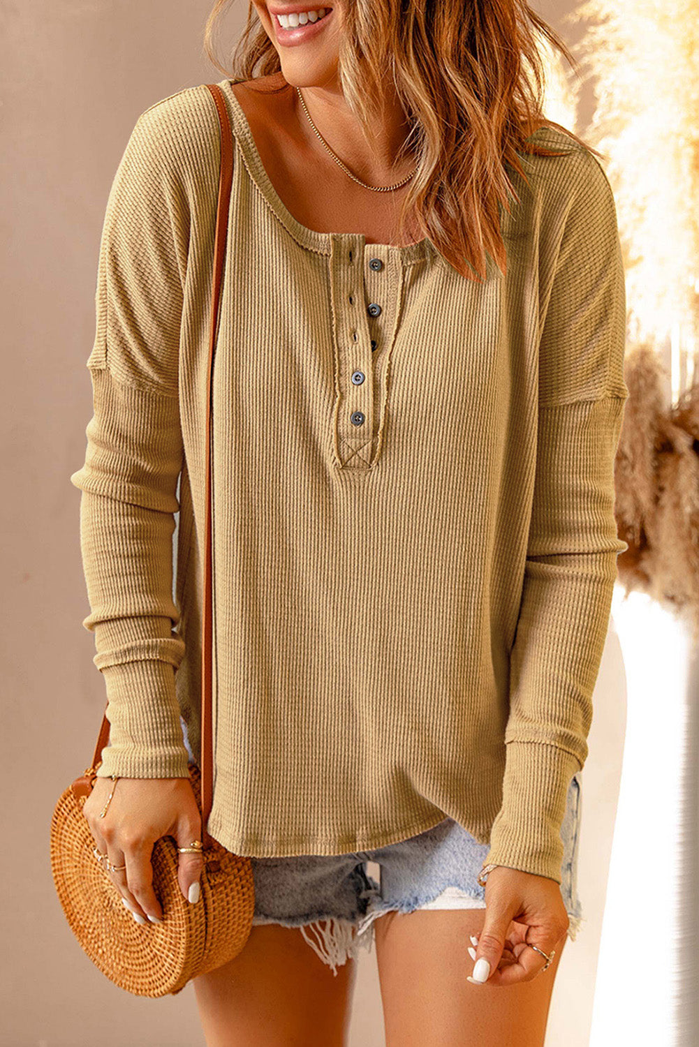 Half Button Waffle Knit Long Sleeve Top