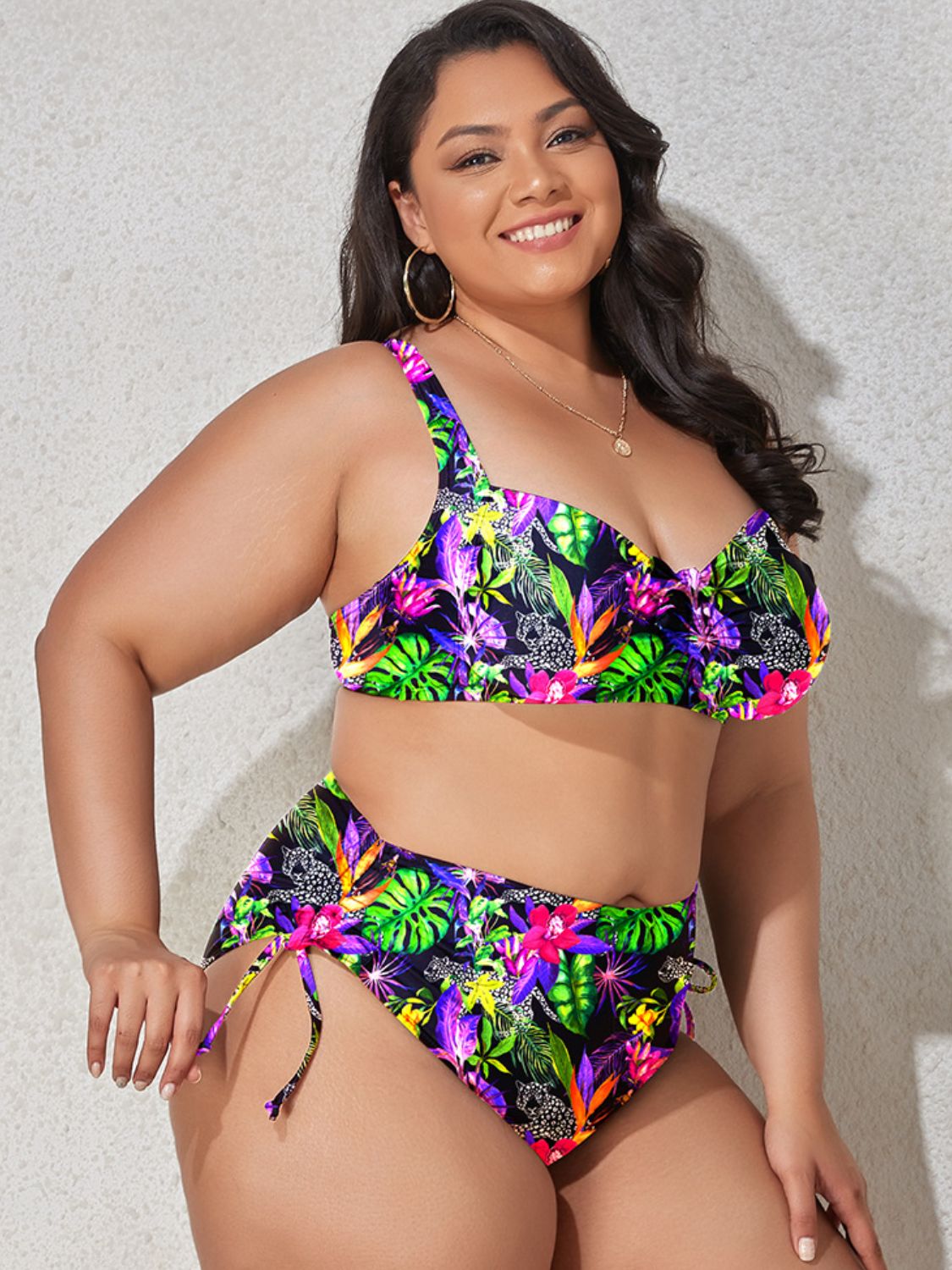 Plus Size Printed Drawstring Detail Bikini Set