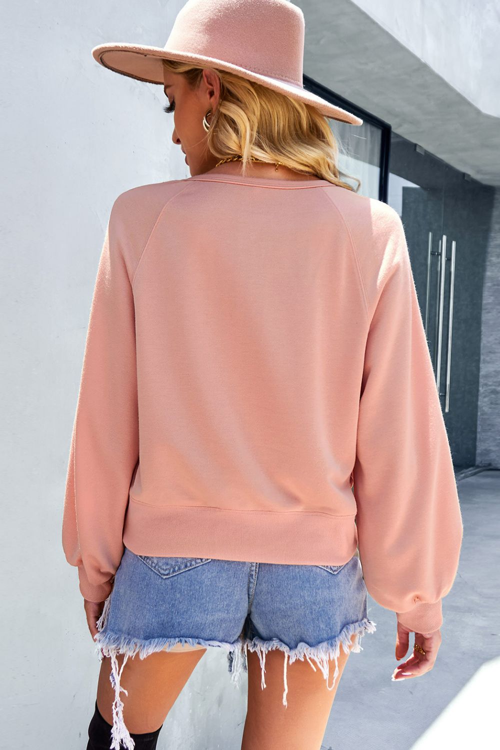 Balloon Sleeve Henley Sweatshirt